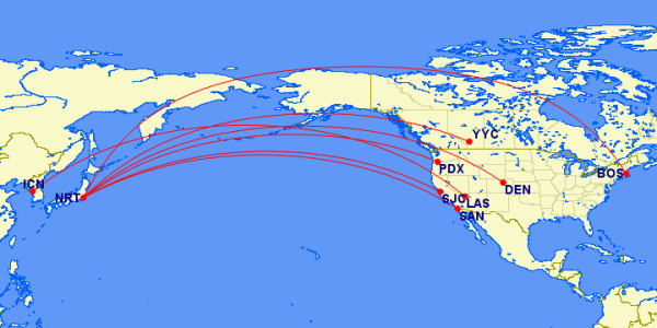 Lots of cities to choose from to get to NRT (Courtesy: gcmap.com)