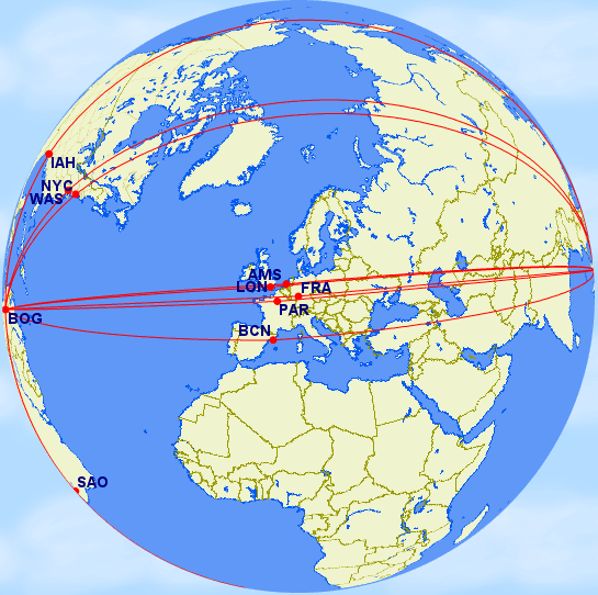 Bogota and Singapore, both being almost exactly on the equator at 12,000 miles apart have infinite equidistant routes between them.