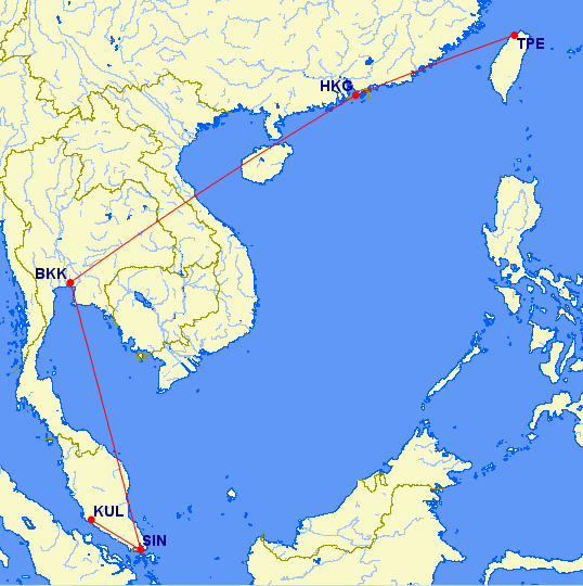 This was a valid routing from Kuala Lumpur to Taipei because of a direct flight from Singapore to Hong Kong via Bangkok. I stopped in SIN and HKG for a day each to visit friends using AA miles without breaking the MPM or any other routing rules.