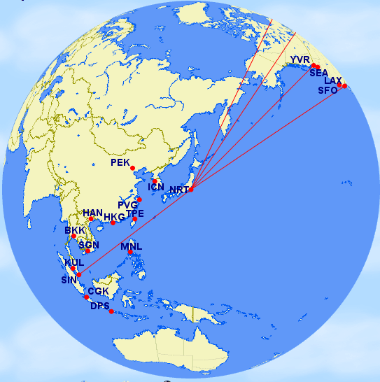 Here's a number of routes from North America and Southeast Asia passing through Tokyo. Notes that you could hit nearly any (in some case several) of the highlighted cities and still not break MPM to Singapore or Denpasar/Bali.