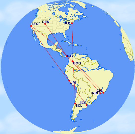 Even though we're centered on Bogota, I'm trying to show that there are logical stops in Panama City, Bogota or Lima that aren't going to dramatically count against maximum permitted mileage. 