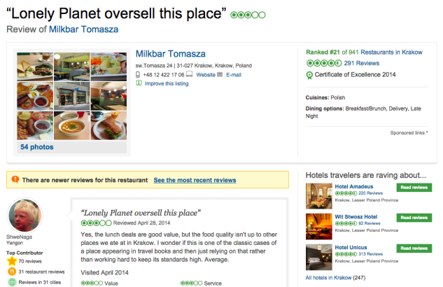 Tripadvisor calling Lonely Planet out on overselling - this is all too common